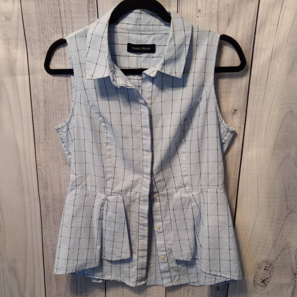 Ivanka Trump | Light Blue Grid-Striped Sleeveless Collared Peplum Top